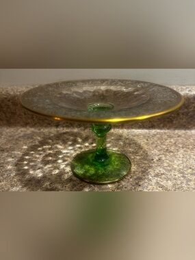 Vaseline Green Clear Glass Compote 24K Gold Rim Candy Trinket Dish MCM Vintage